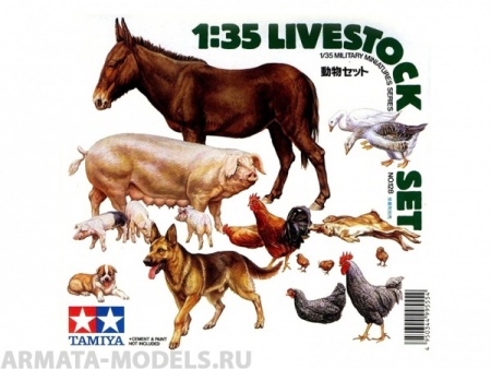 35128T Фигурки животных (гуси, куры, свиньи, собака, осел и кролики) 18 фигур Tamiya