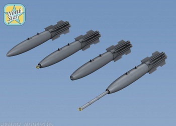 NS32026a Set of 6 USAF 500 Lbs Mark 82 Mk.82 General Purpose (GP) Bomb with Mk15 Mod IV Snakeye Retarder Fin, 4 different nose for each bomb. Resin and PE.