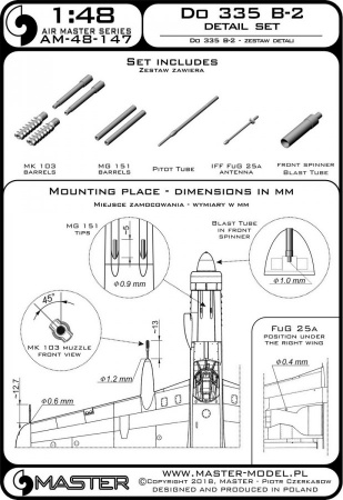 Дополнения из латуни 1/48 Набор вооружения, антенна FuG25a и ПВД для самолета Do B-2