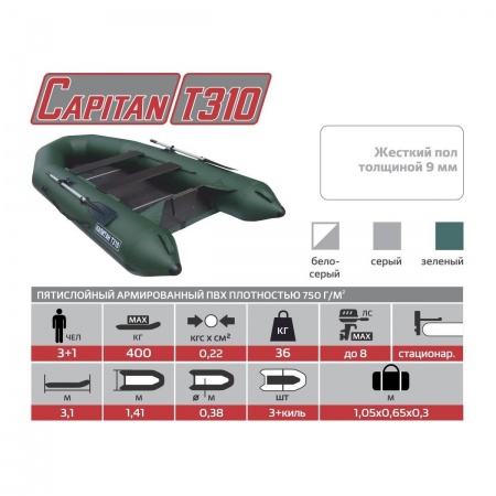 Лодка Капитан Т310 киль+пол серый Тонар