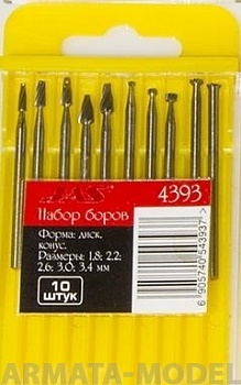 4393 Набор боров, металл HSS, диск, конус, размер 1,8; 2,2; 2,6;3,0; 3,4 мм, 10 шт./уп.
