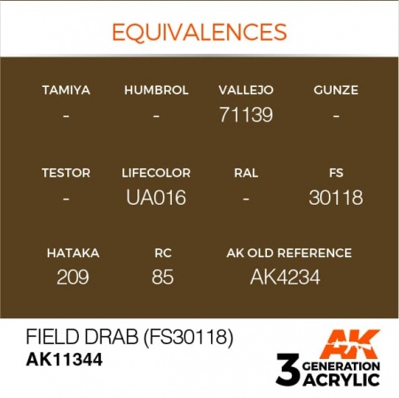AK11344 Краска акриловая 3Gen Field Drab (FS30118)