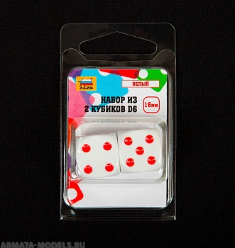 1216 Набор из 2 кубиков D6, 16мм. Белый с красными точками в блистере 1216 Набор из 2 кубиков D6, 16мм. Белый с красными точками в блистере